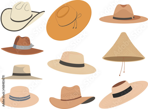 Collection of various hats illustration, cowboy hat, straw hat, summer fashion accessory vector, traditional headwear design, cultural style hat set artwork