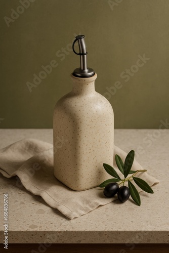 An olive oil dispenser with olive branch on the table