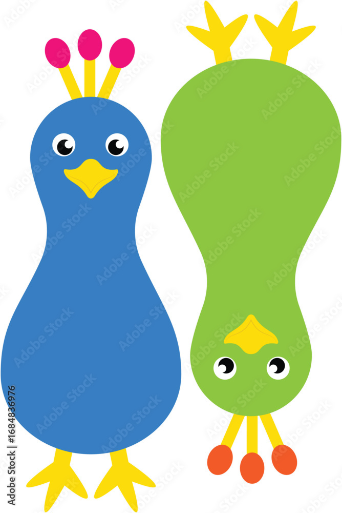Fototapeta premium Two cute blue and green birds with a crown on their heads. Vector illustration