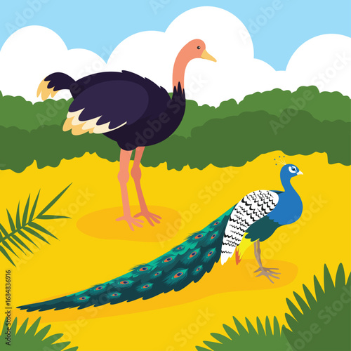 Peacock and ostrich on the beach. Vector illustration.