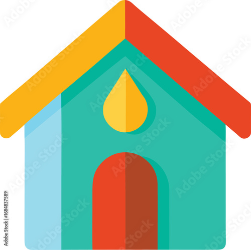 Colorful house icon with a yellow drop symbol and a red door