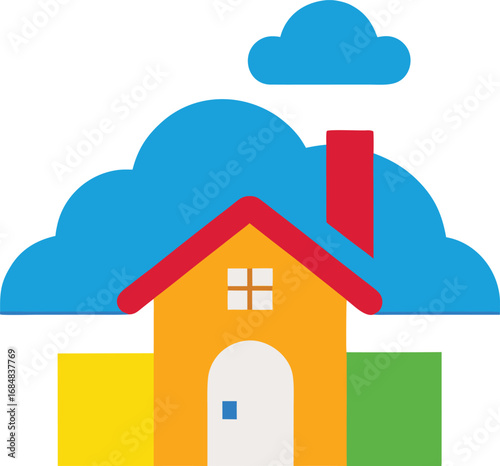 Stylized illustration of a colorful house with a chimney and clouds