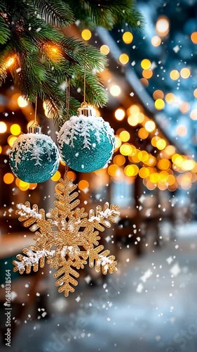 Los copos de nieve caen suavemente en un ambiente iluminado con luces cálidas, rodeando adornos navideños que decoran el paisaje invernal. Una vista mágica del invierno.