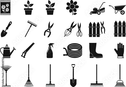 Black silhouette gardening tools set with plants, watering cans, rake, shovel, pruner, wheelbarrow, gloves, and lawnmower vector collection.