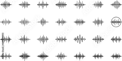 Podcast sound waves. Audio waveforms line icons, sound wave frequency or voice microphone signals. Music, podcast and broadcast, UI and audio branding design. Isolated vector set