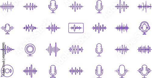 Podcast sound waves. Audio waveforms line icons, sound wave frequency or voice microphone signals. Music, podcast and broadcast, UI and audio branding design. Isolated vector set