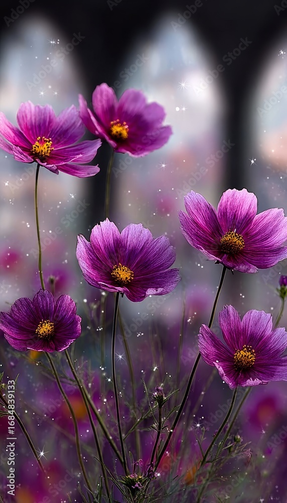 Obraz premium Mystical Garden of Purple Flowers Under a Starry Sky at Twilight, Enchanting Gothic Atmosphere