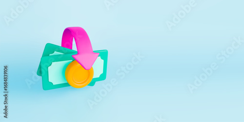 3d cashback banknote banner. Realistic stack banknotes with gold coin and pink arrows around. Money saving, transfer, exchange concept. Flyer cash refund. Vector illustration on blue background.