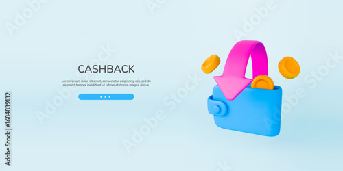 Cashback and money refund 3d landing page. Realistic wallet with gold coins and pink arrows around. Cashback, money or cash refund concept. Vector sign of money transfer and online payment