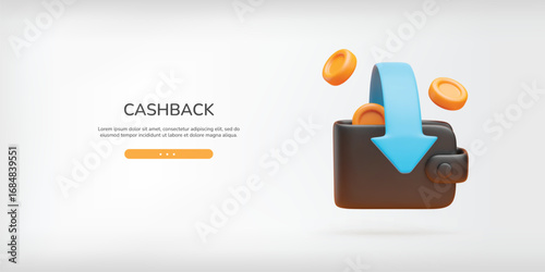 Cashback and money refund 3d landing page. Realistic wallet with gold coins and blue arrow. Cashback, money or cash refund concept. Vector sign of money transfer and online payment