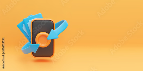 3d cashback arrow transaction concept banner. Realistic mobile phone with banknote, gold coin and blue arrows around. Online banking flyer, payment service sign. Vector banner with yellow background