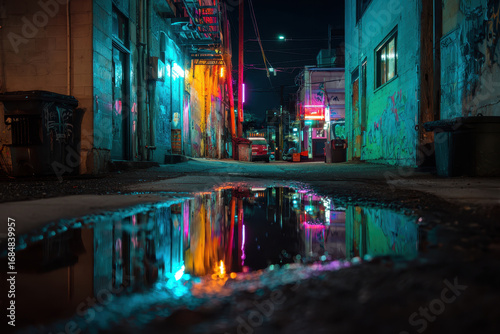 Wallpaper Mural Vibrant neon lights reflect in a puddle in a mysterious alleyway at night, creating a captivating urban atmosphere filled with color and intrigue Torontodigital.ca