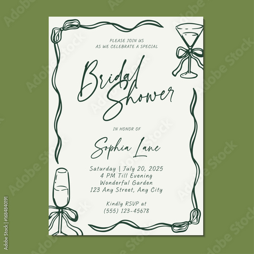 Bridal shower invitation with hand drawn wine glass and ribbon frame. Hand drawn  green vector illustration bridal shower invitation 
