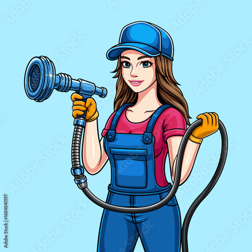 Illustration character of a car washer woman in a blue uniform