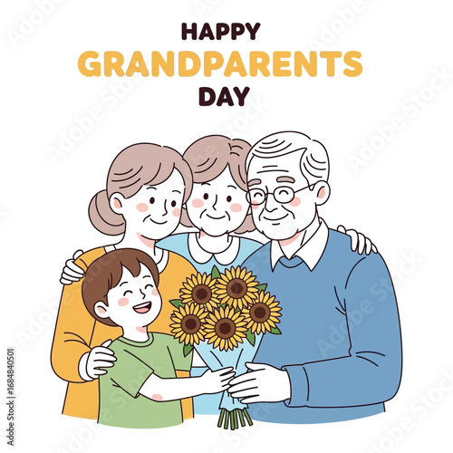 Vector art of happy grandparents day with family members and sunflowers isolated on white background