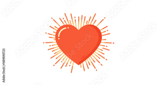 Bright radiant heart with orange sunburst in modern flat style