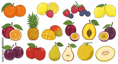Colorful assortment of fresh fruits with hand-drawn details