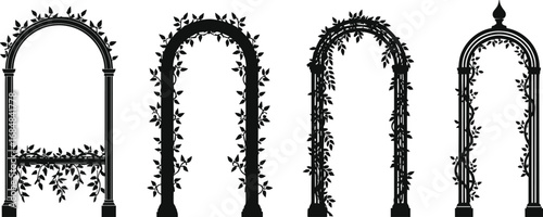 Elegant vintage garden arches with climbing plants, decorative trellis structures, floral vine decorations, outdoor landscaping elements, ornamental garden design silhouettes.