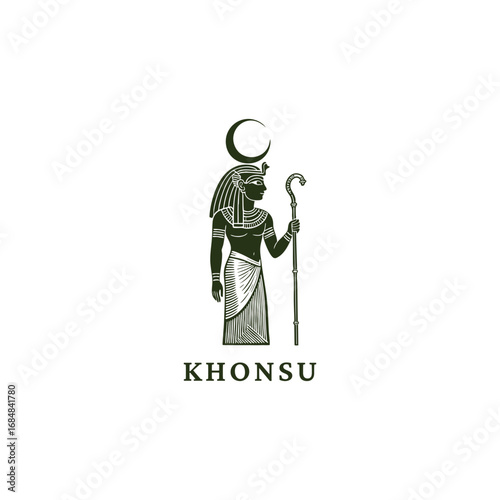 engraved illustration of Khonsu, the ancient Egyptian god, holding a shepherd's crook vector template