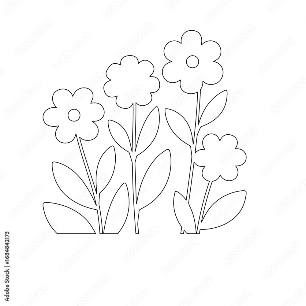 Naklejka premium Minimal Flower Line Drawing – Botanical Outline Vector with Leaves
