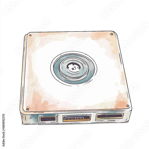 Watercolor Illustration of a Retro Computer Hard Drive with Detailed Design
