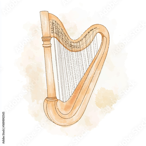 Watercolor Illustration of a Detailed Elegant Wooden Harp with Strings