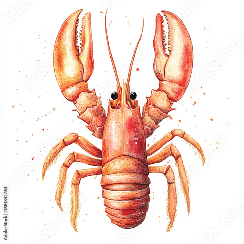 Watercolor Illustration of a Detailed Lobster with Raised Claws and Antennae (1)