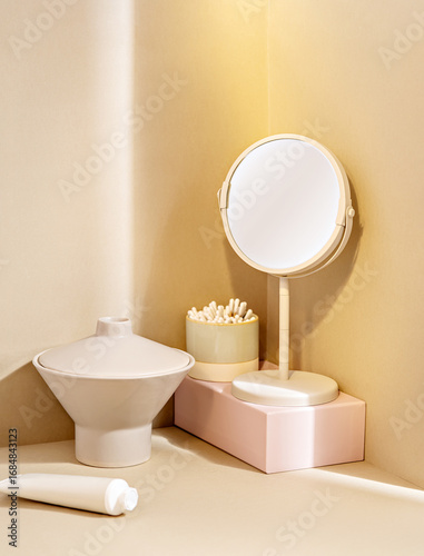 Beige beauty setup with round mirror, cotton swabs, ceramic container and cream tube. Perfect minimal background for product mockup, skincare branding or cosmetic advertising in soft pastel tones.
