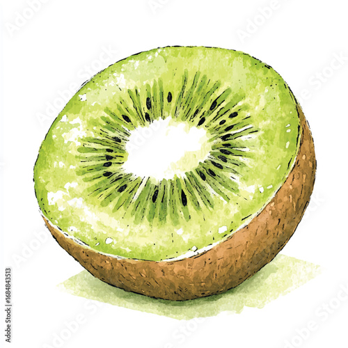 Watercolor Illustration of a Freshly Sliced Kiwi Fruit Showing Detailed Texture