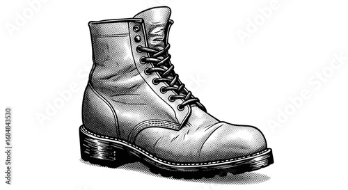 Retro dotwork boot drawing in detailed monochrome style