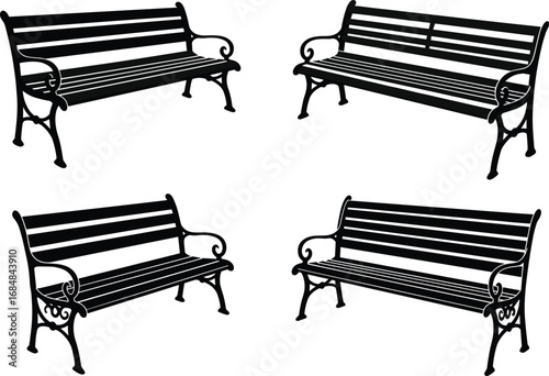 Set of Four Vintage Outdoor Park Benches, Classic Wooden and Metal Slatted Seating, Vector Illustration for Garden and Public Spaces Design