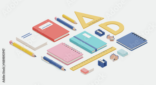 Colorful school supplies in isometric style on white background