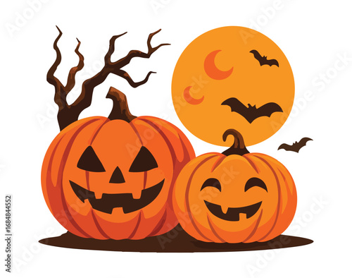 Two smiling jack o lanterns with bats and a crescent moon Halloween pumpkin