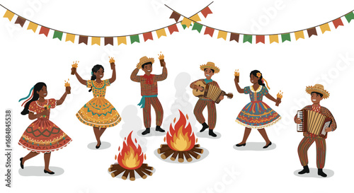 Traditional folk dance celebration around a bonfire with musicians
