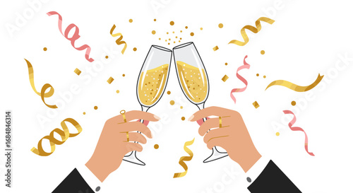 Celebrate in style with clinking champagne glasses and festive streamers