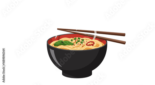 Steaming hot ramen bowl with chopsticks on white background