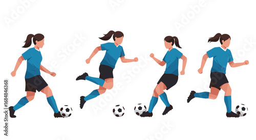Dynamic female soccer players in motion with ball in flat design