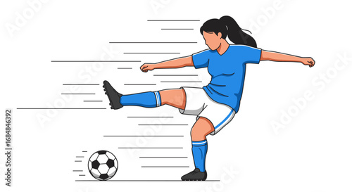 Young woman kicking soccer ball in dynamic motion with speed lines