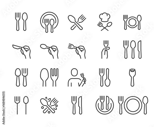 Cutlery and Tableware, icon set. Fork and spoon, knife, plate, dining etiquette, cooking, serving, eating, restaurant, kitchen tools, meal preparation, culinary symbols. Line with editable stroke