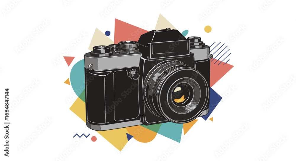 Fototapeta premium Vintage camera with geometric abstract background in retro style