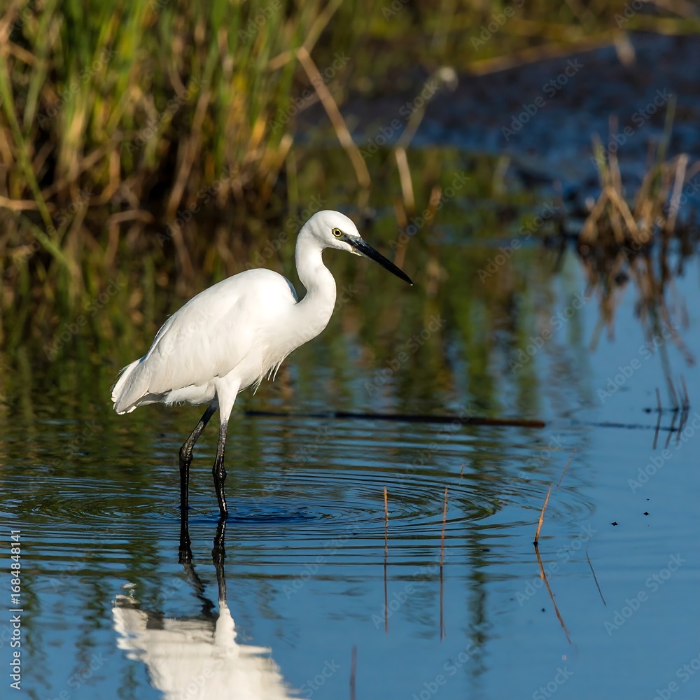 Naklejka premium Little Egret wading in shallow water (1)