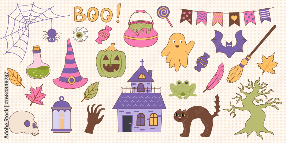 Fototapeta premium Set of Halloween objects. Halloween collection of cliparts. Vector flat elements in retro style.