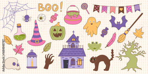 Set of Halloween objects. Halloween collection of cliparts. Vector flat elements in retro style.