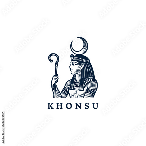 engraved illustration of Khonsu, the ancient Egyptian god, holding a shepherd's crook vector template