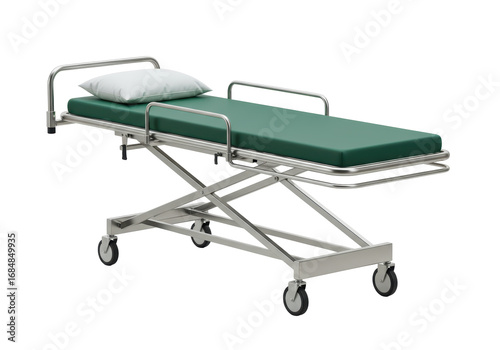 Isolated stretcher patient trolley or hospital bed gurney with a pillow on the mattress