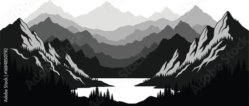 Serene mountain landscape with a calm lake and forest silhouette