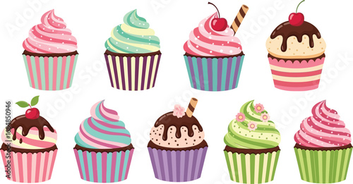 Delicious assortment of frosted cupcakes with toppings silhouette