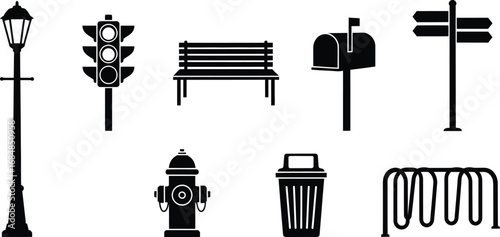 Collection of city street furniture and signs icons silhouette