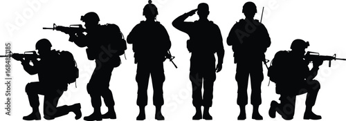 Silhouettes of soldiers in action and standing guard silhouette