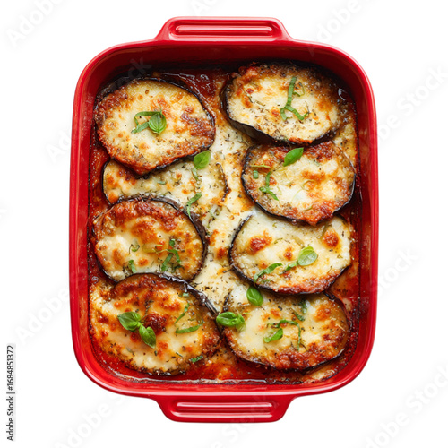 Baked eggplant parmesan in a red baking dish top view on transparent background
